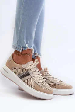 Sneakersy Damskie></noscript>Damskie buty S.Barski Sneakersy Skórzane Damskie D&A LR110 Beżowe Beżowy