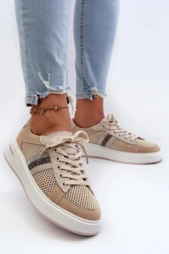 Sneakersy Damskie></noscript>Damskie buty S.Barski Sneakersy Skórzane Damskie D&A LR110 Beżowe Beżowy