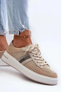 Sneakersy Damskie></noscript>Damskie buty S.Barski Sneakersy Skórzane Damskie D&A LR110 Beżowe Beżowy