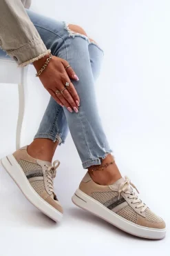 Sneakersy Damskie></noscript>Damskie buty S.Barski Sneakersy Skórzane Damskie D&A LR110 Beżowe Beżowy