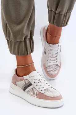 Sneakersy Damskie>Damskie buty S.Barski Sneakersy Skórzane Damskie D&A LR110 Biało-Różowe Biały