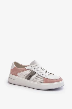 Sneakersy Damskie></noscript>Damskie buty S.Barski Sneakersy Skórzane Damskie D&A LR110 Biało-Różowe Biały