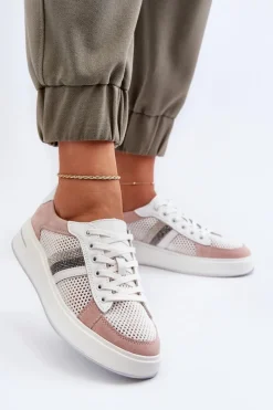 Sneakersy Damskie></noscript>Damskie buty S.Barski Sneakersy Skórzane Damskie D&A LR110 Biało-Różowe Biały