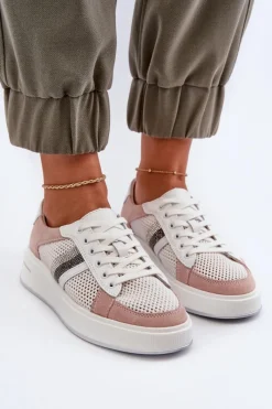 Sneakersy Damskie></noscript>Damskie buty S.Barski Sneakersy Skórzane Damskie D&A LR110 Biało-Różowe Biały