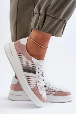 Sneakersy Damskie></noscript>Damskie buty S.Barski Sneakersy Skórzane Damskie D&A LR110 Biało-Różowe Biały