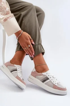 Sneakersy Damskie></noscript>Damskie buty S.Barski Sneakersy Skórzane Damskie D&A LR110 Biało-Różowe Biały