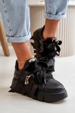 New Sneakersy Skórzane Damskie Na Platformie Czarne 4568 Damskie Buty Sportowe Na Platformie