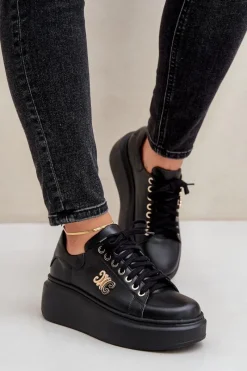 Sneakersy Damskie>Zazoo Sneakersy Ze Skóry Naturalnej Na Platformie Złota Ozdoba Lewski 3428 Czarne