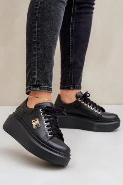Sneakersy Damskie>Zazoo Sneakersy Ze Skóry Naturalnej Na Platformie Złota Ozdoba Lewski 3428 Czarne