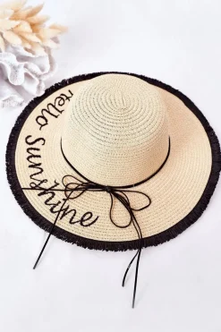 Słomiany Kapelusz BRUNO ROSSI Hello Sunshine Beżowo-Czarny Okrycia Głowy