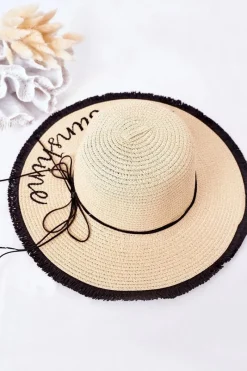 Słomiany Kapelusz BRUNO ROSSI Hello Sunshine Beżowo-Czarny Okrycia Głowy