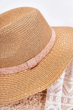 Outlet Słomiany Kapelusz Z Cekinami Beżowy Iluna Okrycia Głowy