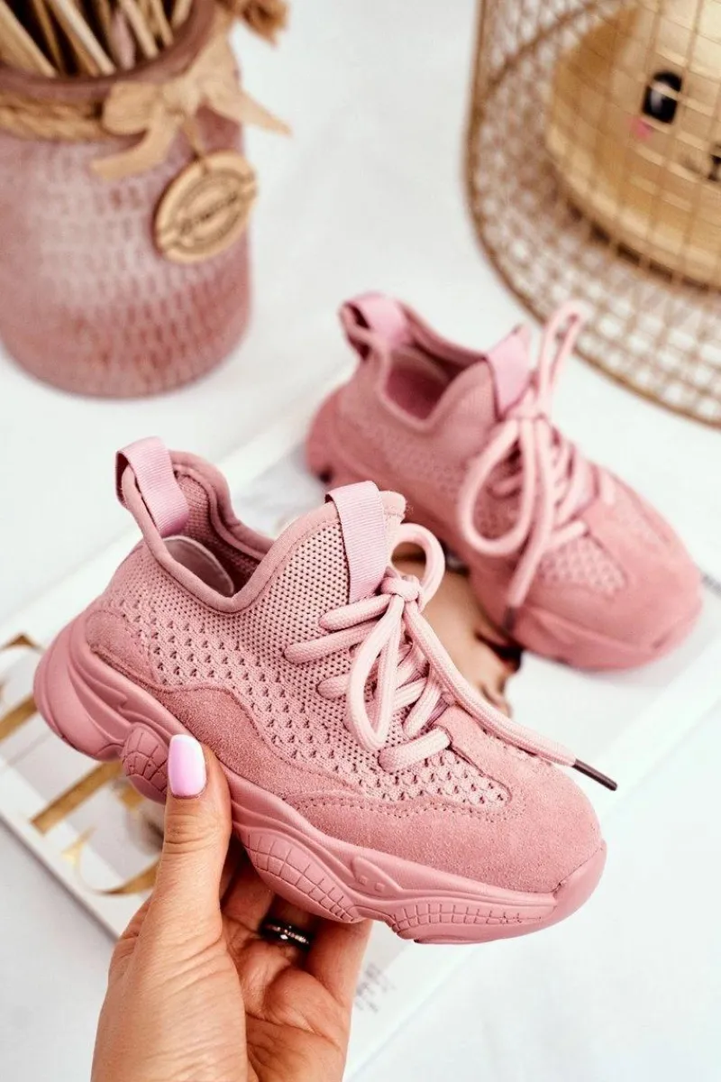 Best Evento Sportowe Buty Dziecięce Sznurowane Zamszowe Różowe Volema