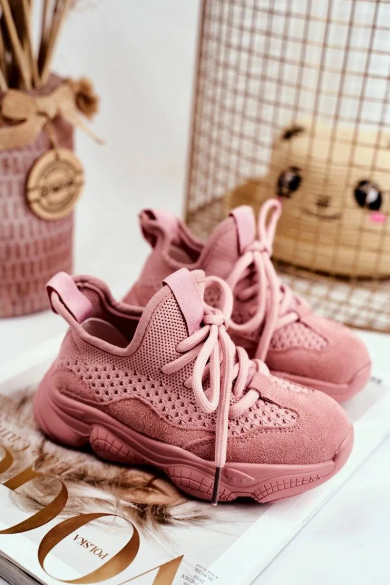 Best Evento Sportowe Buty Dziecięce Sznurowane Zamszowe Różowe Volema