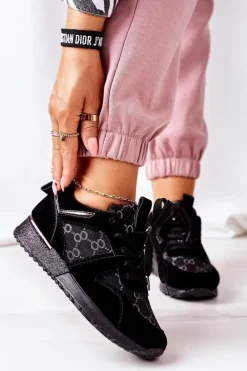 Hot Sportowe Buty Sneakersy Czarno-Srebrne Aruba Damskie Buty Sportowe Na Platformie