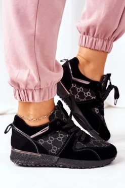 Hot Sportowe Buty Sneakersy Czarno-Srebrne Aruba Damskie Buty Sportowe Na Platformie