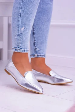 Clearance Srebrne Lustrzane Mokasyny Damskie Lu Boo Mireldo Damskie Mokasyny Damskie Skórzane