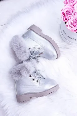 Dziewczęce>Boto Srebrne Ocieplane Dziecięce Botki Trapery Fobos Srebrny