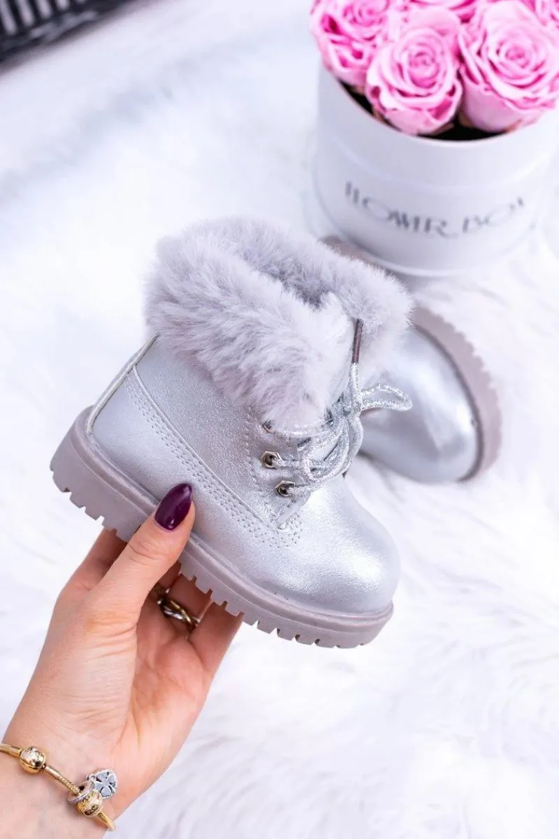 Dziewczęce>Boto Srebrne Ocieplane Dziecięce Botki Trapery Fobos Srebrny