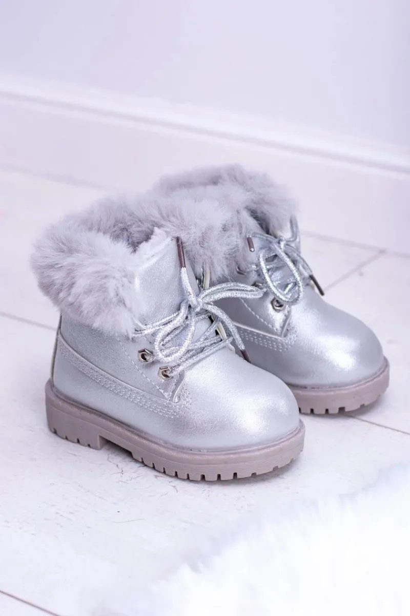 Dziewczęce>Boto Srebrne Ocieplane Dziecięce Botki Trapery Fobos Srebrny