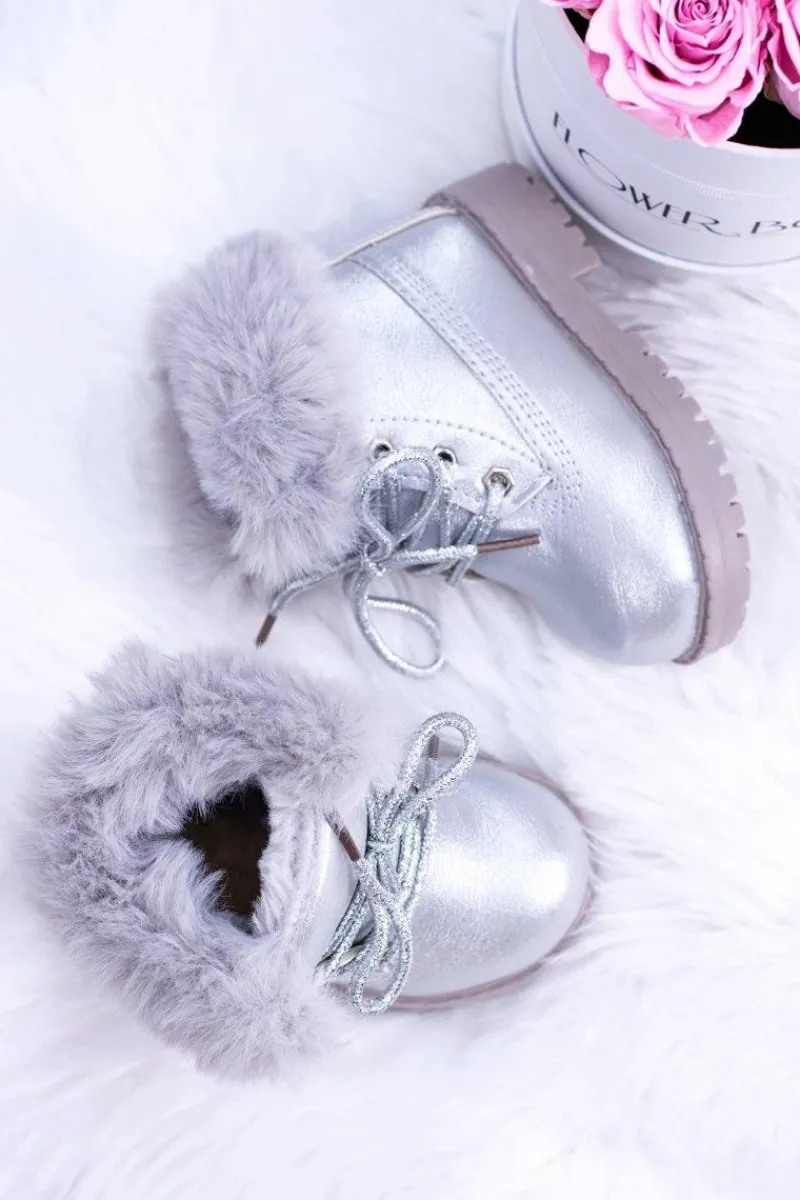 Dziewczęce>Boto Srebrne Ocieplane Dziecięce Botki Trapery Fobos Srebrny