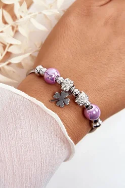 Sale Stalowa Bransoletka Z Charmsami Koniczyna Srebrno-Fioletowa Bransoletki