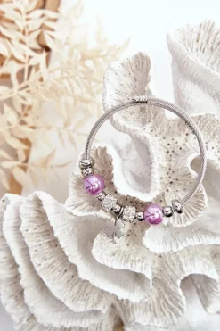 Sale Stalowa Bransoletka Z Charmsami Koniczyna Srebrno-Fioletowa Bransoletki