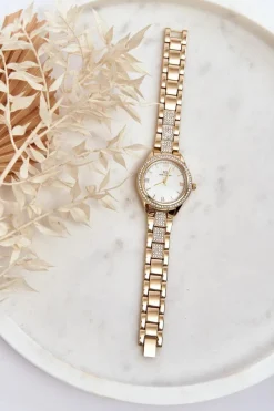 Clearance Stalowy Masywny Zegarek Z Cyrkoniami Złoty Zegarki