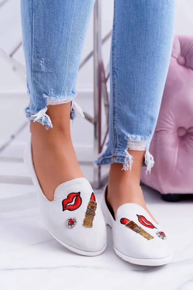 Discount Szare Damskie Baleriny Naszywki Lipstick Damskie Baleriny Klasyczne