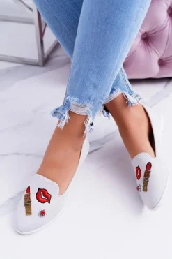 Discount Szare Damskie Baleriny Naszywki Lipstick Damskie Baleriny Klasyczne