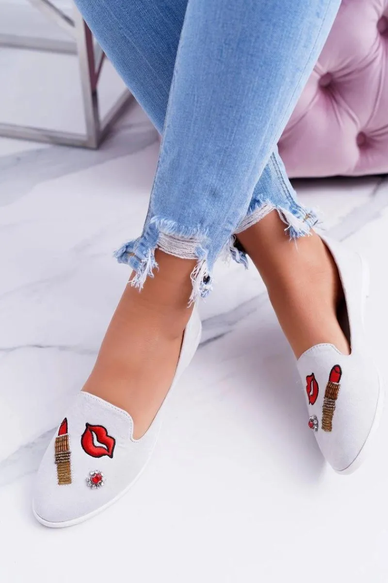 Discount Szare Damskie Baleriny Naszywki Lipstick Damskie Baleriny Klasyczne