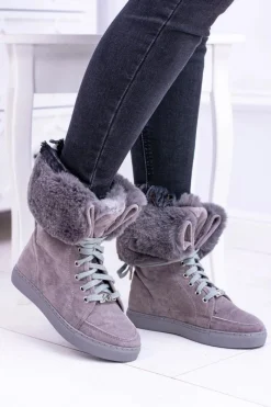 Online Boto Szare Zamszowe Botki LU BOO Timberki z Futrem
