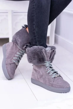 Online Boto Szare Zamszowe Botki LU BOO Timberki z Futrem
