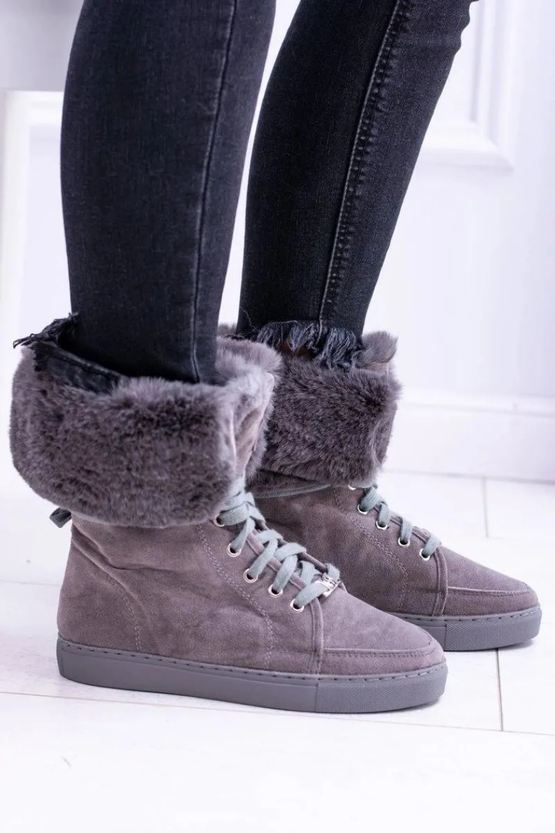 Online Boto Szare Zamszowe Botki LU BOO Timberki z Futrem