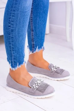 Online Boto Szare Zamszowe Mokasyny z Kryształami Vivaro