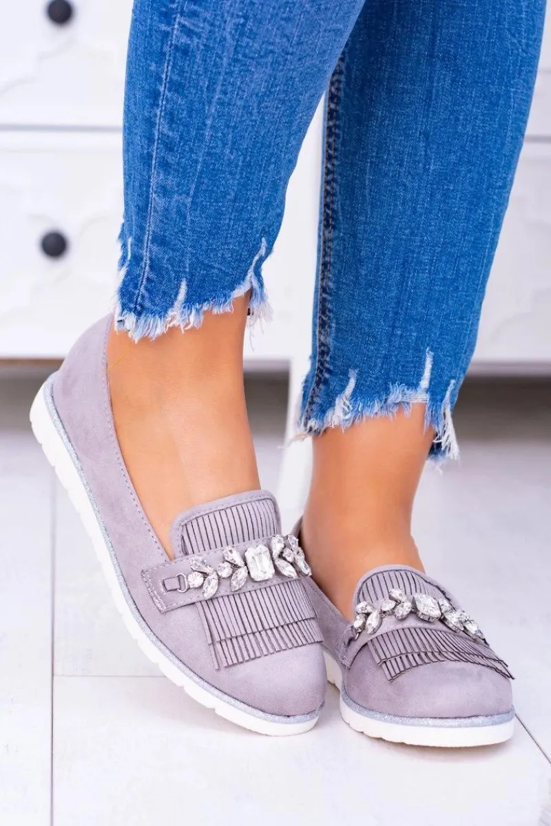 Online Boto Szare Zamszowe Mokasyny z Kryształami Vivaro