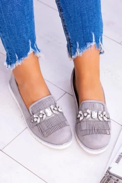 Online Boto Szare Zamszowe Mokasyny z Kryształami Vivaro