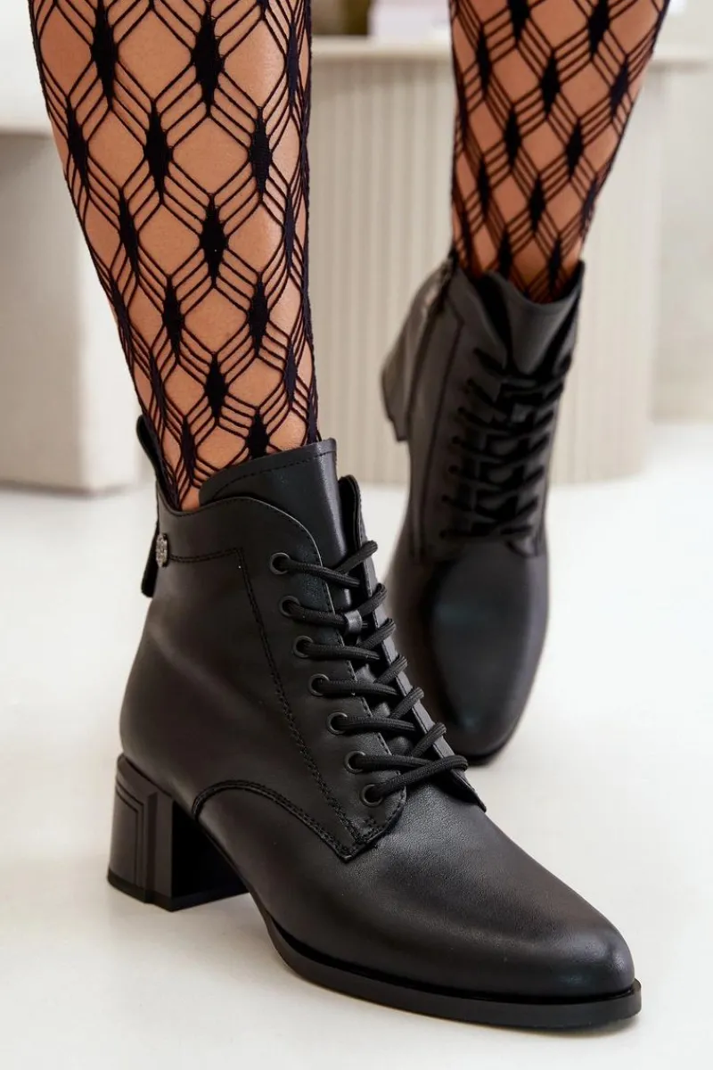 Botki Ocieplane|Botki Skórzane>Buty damskie Vinceza Sznurowane Botki Damskie Na Obcasie Ze Skóry Naturalnej Ocieplane Czarne Vinceza 91110