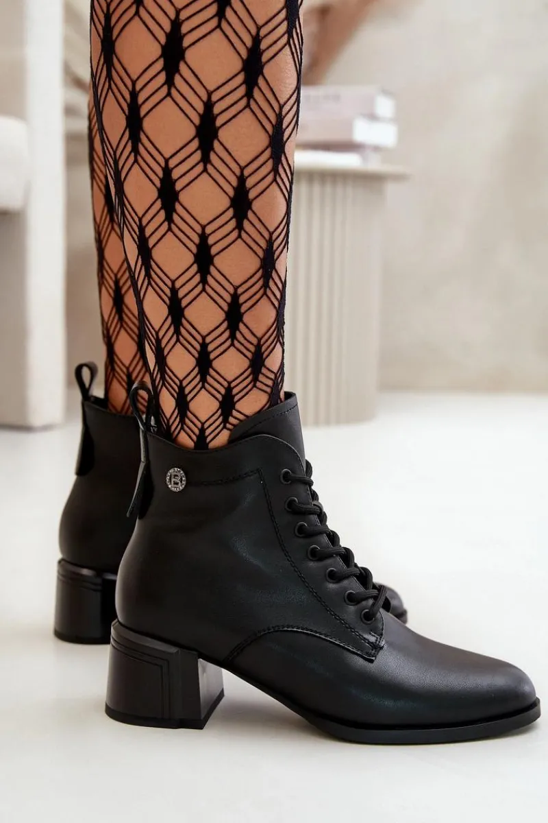 Botki Ocieplane|Botki Skórzane>Buty damskie Vinceza Sznurowane Botki Damskie Na Obcasie Ze Skóry Naturalnej Ocieplane Czarne Vinceza 91110