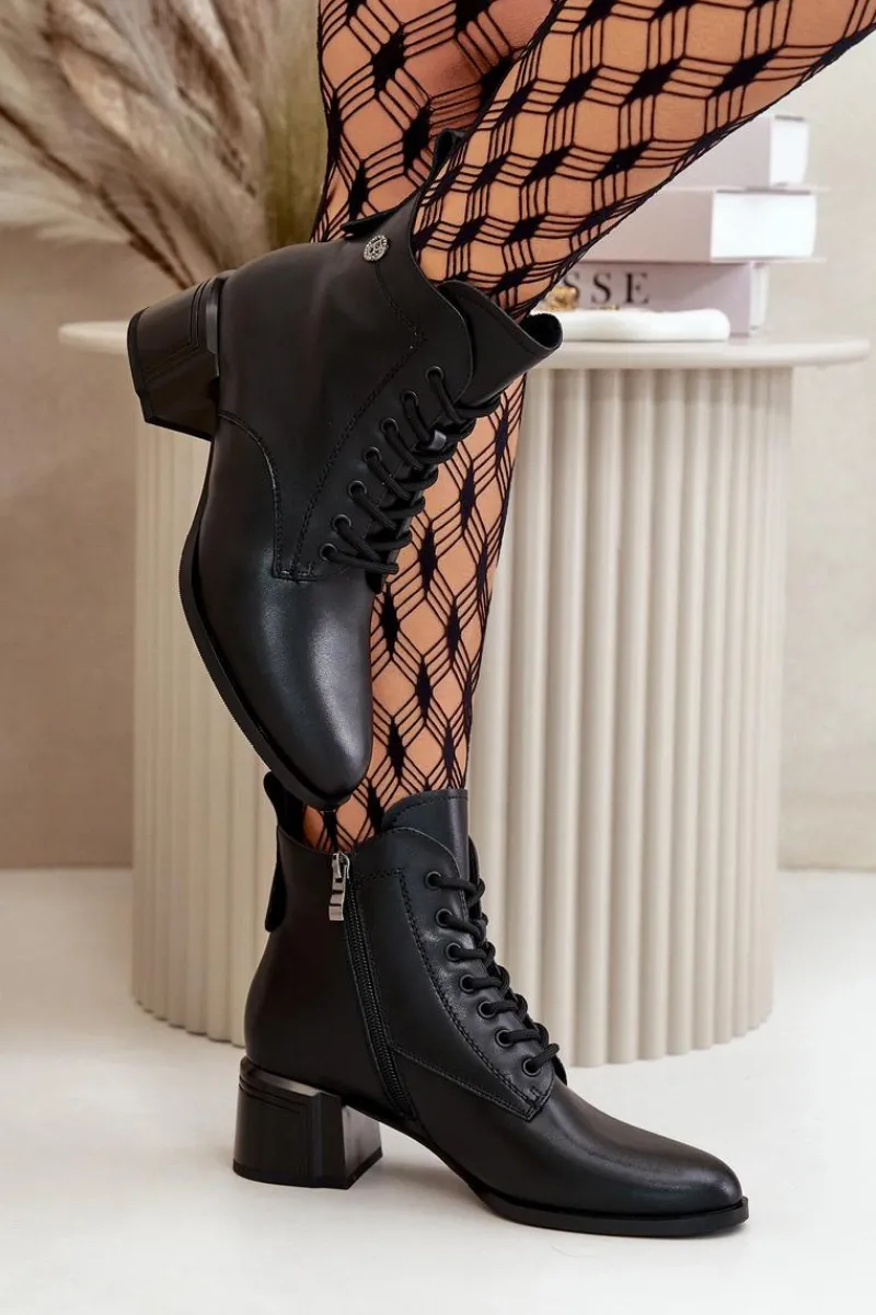 Botki Ocieplane|Botki Skórzane>Buty damskie Vinceza Sznurowane Botki Damskie Na Obcasie Ze Skóry Naturalnej Ocieplane Czarne Vinceza 91110