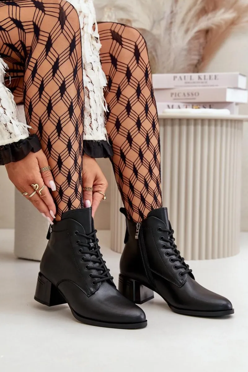 Botki Ocieplane|Botki Skórzane>Buty damskie Vinceza Sznurowane Botki Damskie Na Obcasie Ze Skóry Naturalnej Ocieplane Czarne Vinceza 91110