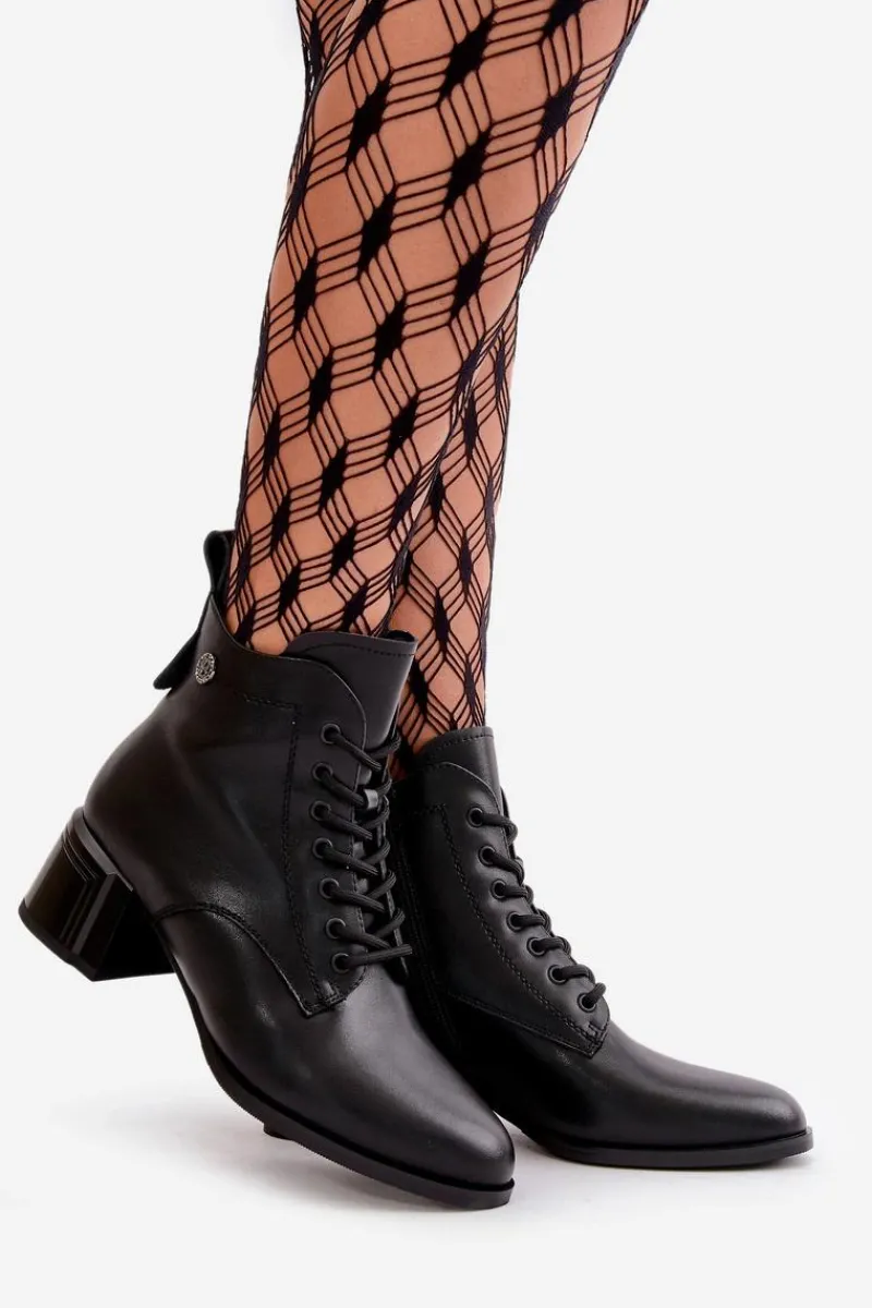 Botki Ocieplane|Botki Skórzane>Buty damskie Vinceza Sznurowane Botki Damskie Na Obcasie Ze Skóry Naturalnej Ocieplane Czarne Vinceza 91110