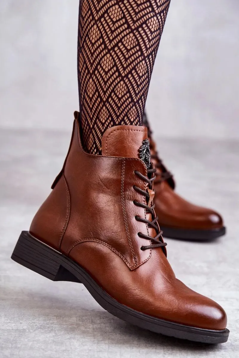 Discount Sznurowane Botki Na Płaskim Obcasie Karmelowe Grete Damskie Botki Sznurowane|Czarne Botki