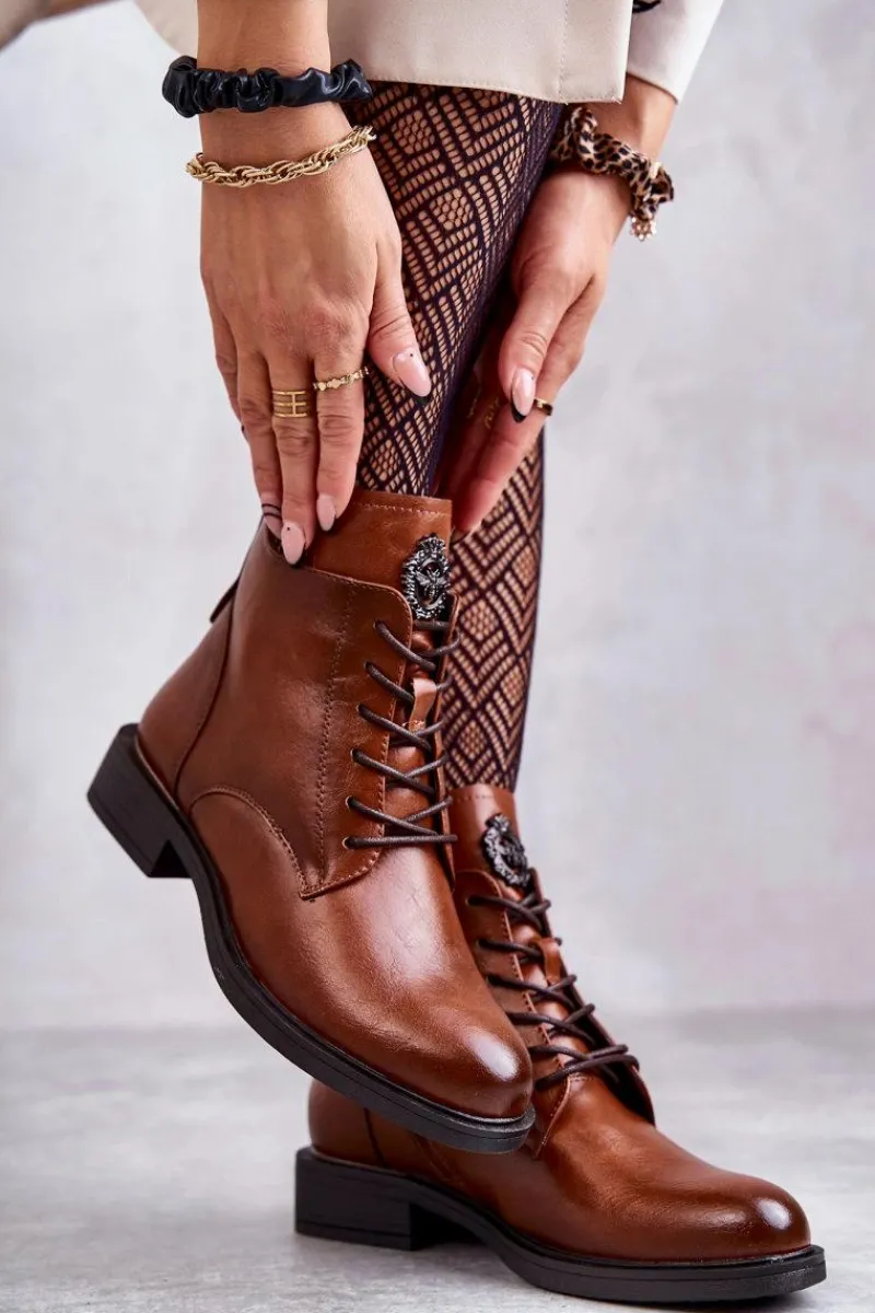 Discount Sznurowane Botki Na Płaskim Obcasie Karmelowe Grete Damskie Botki Sznurowane|Czarne Botki