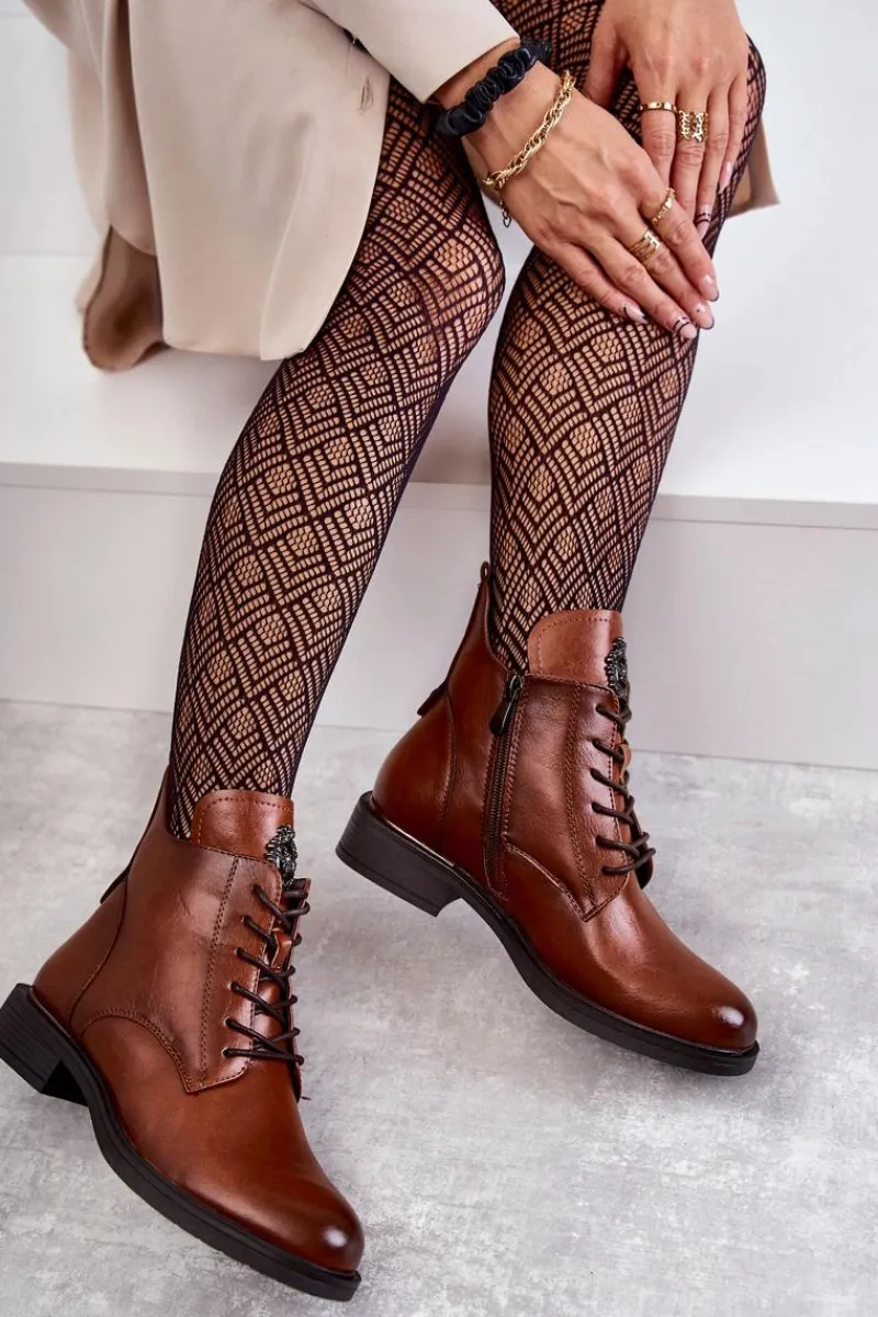 Discount Sznurowane Botki Na Płaskim Obcasie Karmelowe Grete Damskie Botki Sznurowane|Czarne Botki