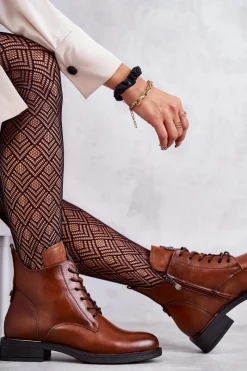 Discount Sznurowane Botki Na Płaskim Obcasie Karmelowe Grete Damskie Botki Sznurowane|Czarne Botki