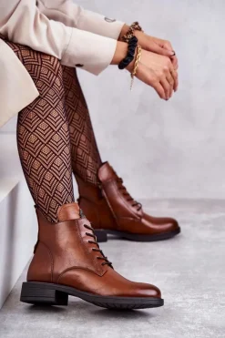 Discount Sznurowane Botki Na Płaskim Obcasie Karmelowe Grete Damskie Botki Sznurowane|Czarne Botki