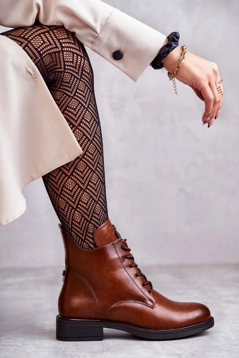 Discount Sznurowane Botki Na Płaskim Obcasie Karmelowe Grete Damskie Botki Sznurowane|Czarne Botki