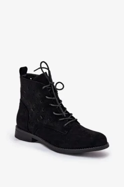 Discount Sznurowane Botki Z Ażurowym Wzorem S.Barski HY51-136 Czarne Damskie Botki Ażurowe|Brązowe I Beżowe Botki