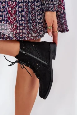 Discount Sznurowane Botki Z Ażurowym Wzorem S.Barski HY51-136 Czarne Damskie Botki Ażurowe|Brązowe I Beżowe Botki